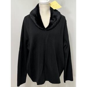 NEW Nina Leonard Sweater Vneck Top Faux Fur Collar Black Pullover Shirt Size 1X